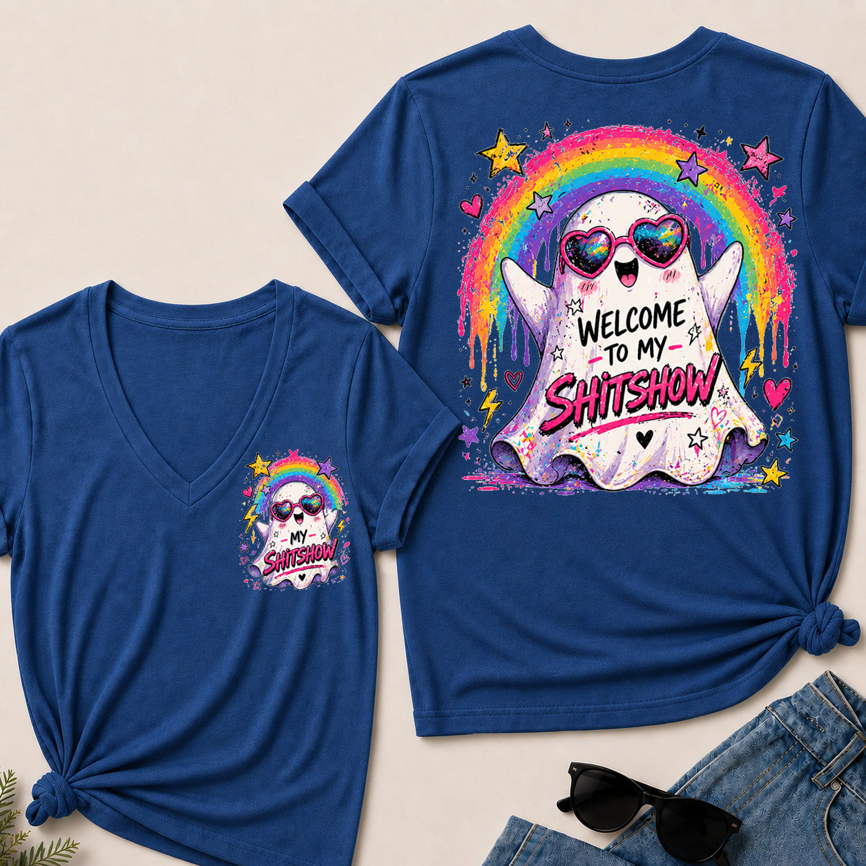 Women’s Welcome To My Show V‑Neck Graphic T‑Shirt, Cute Rainbow Ghost Funny Short Sleeve Tee, Front & Back Print Casual Top