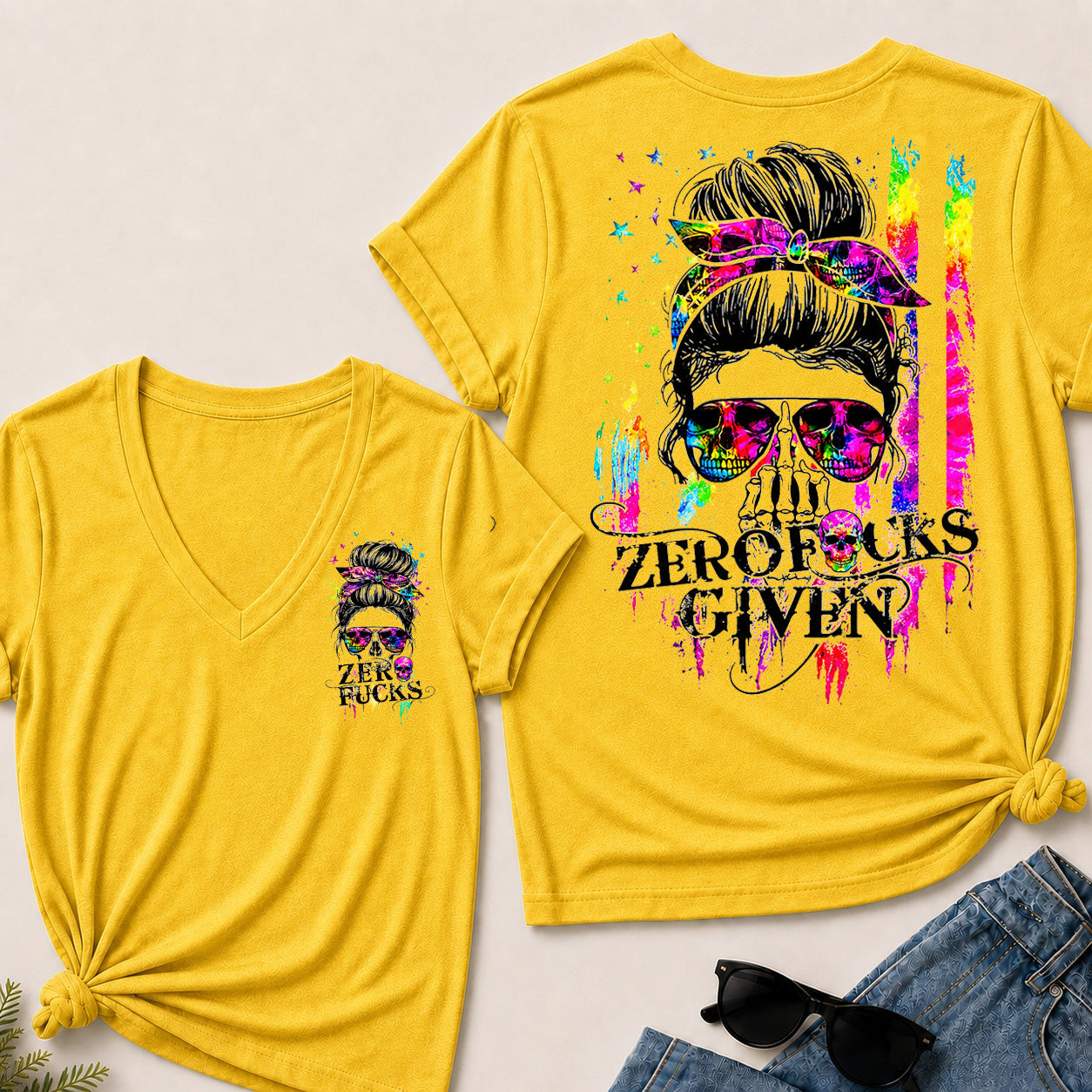 Women’s Zero Given V‑Neck Graphic T‑Shirt, Messy Bun Skull Tie Dye Rainbow Print Short Sleeve Casual Top, Front & Back Print Tee