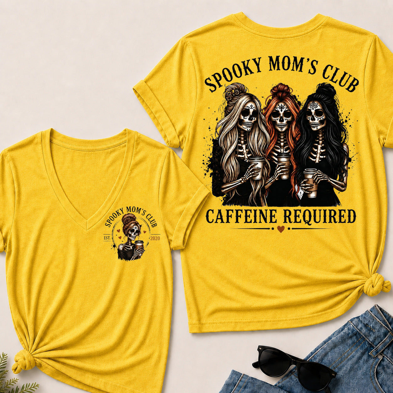 Spooky Mom’s Club V‑Neck Tee, Skeleton Halloween Caffeine Required Women’s Graphic Short Sleeve T‑Shirt