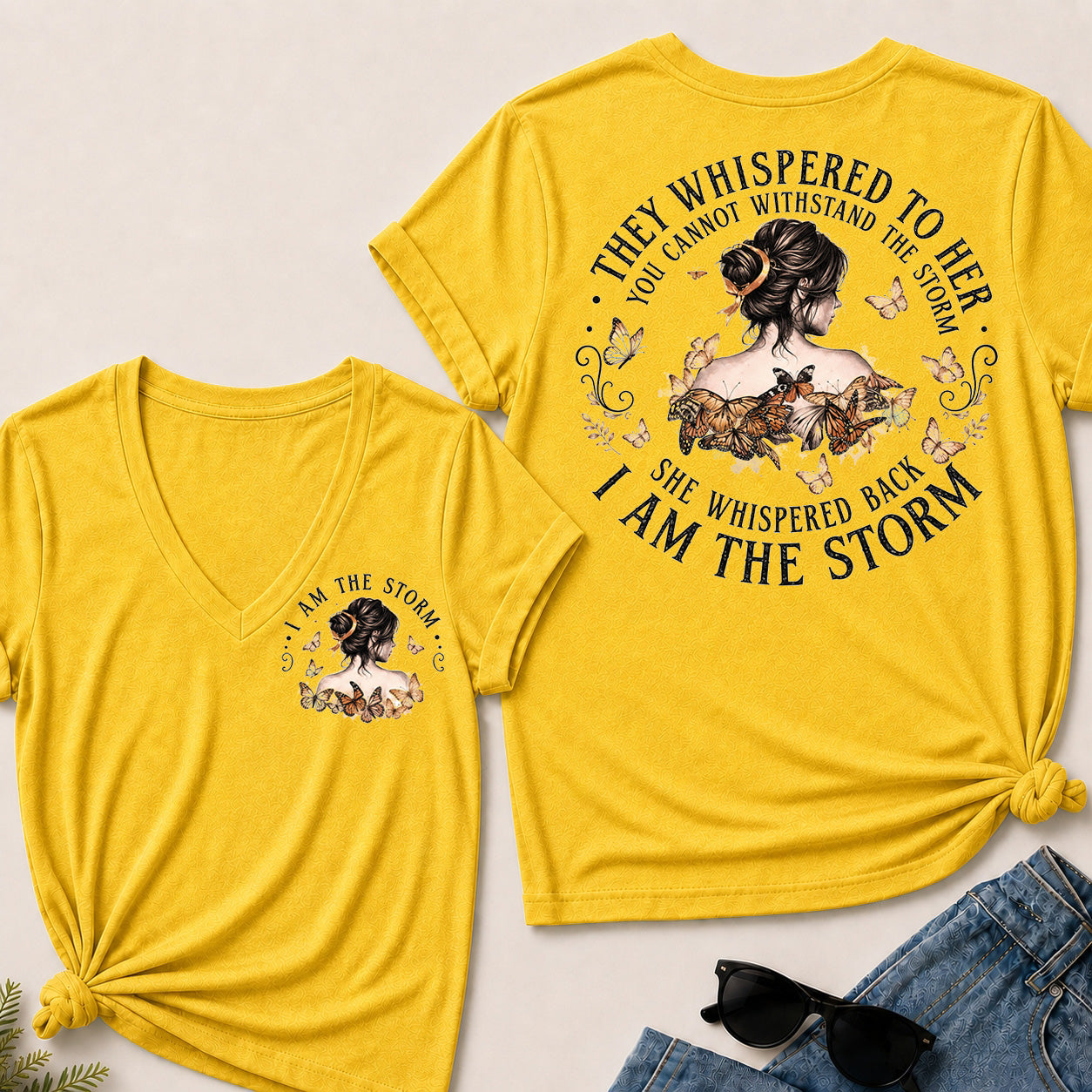 Women’s I Am The Storm V‑Neck Graphic T‑Shirt, Inspirational Butterfly Quote Short Sleeve Tee, Front & Back Print Casual Top