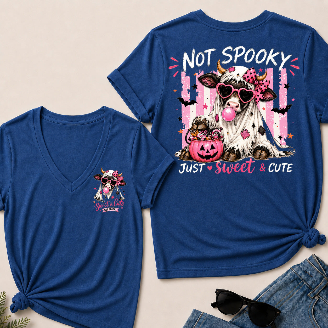 Women’s Not Spooky Just Sweet & Cute V‑Neck Graphic T‑Shirt, Cute Halloween Cow Ghost Short Sleeve Tee, Front & Back Print Casual Top