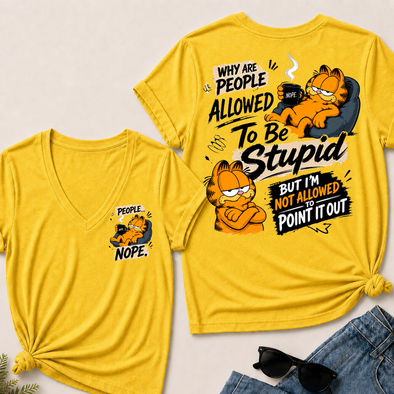 Women’s Funny Garfield V‑Neck Graphic T‑Shirt, Sarcastic Quote Short Sleeve Tee, Front & Back Print Casual Top