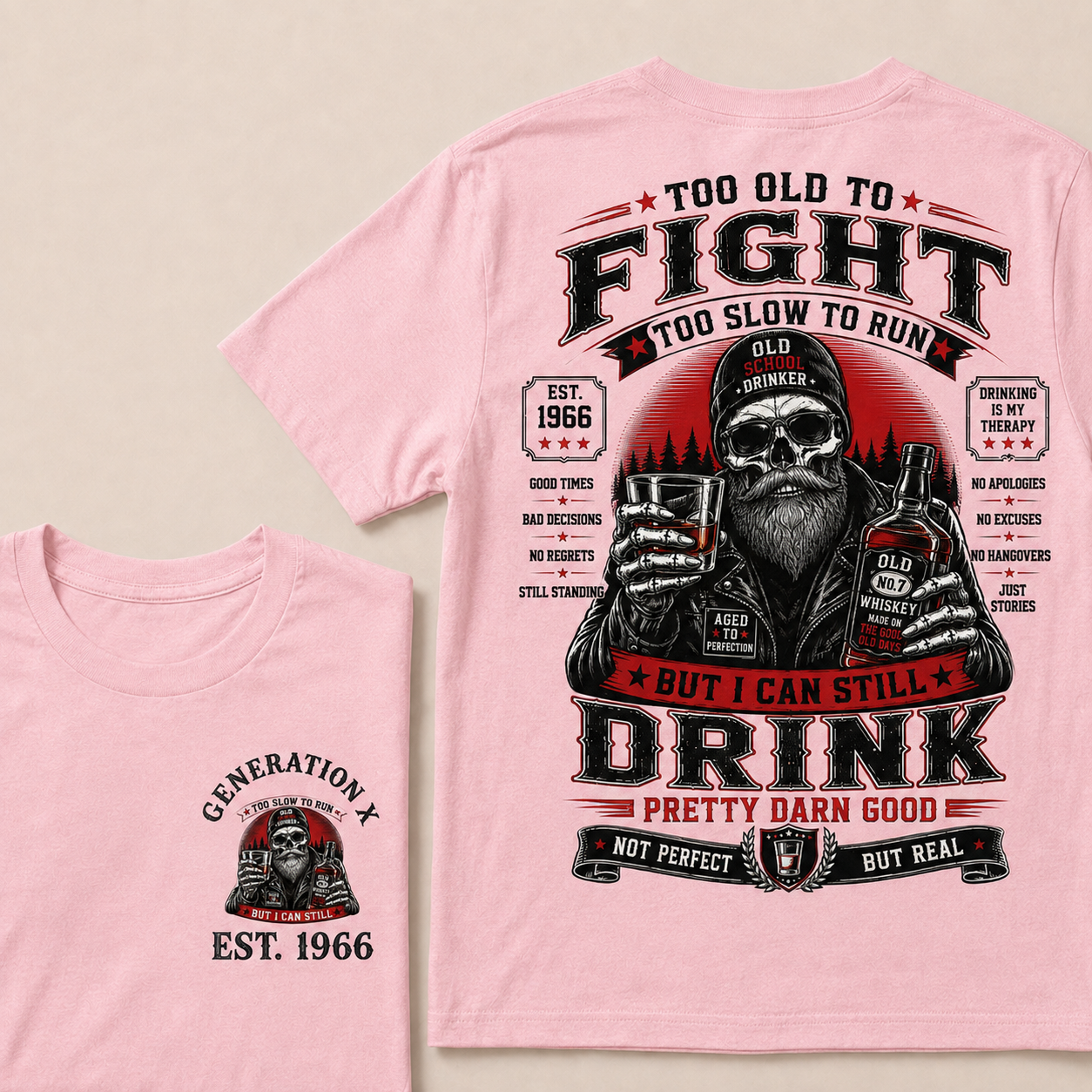 Custom EST.Year Too Old To Fight Too Slow To Run But I Can Still Drink Old School Drinker Graphic T-Shirt