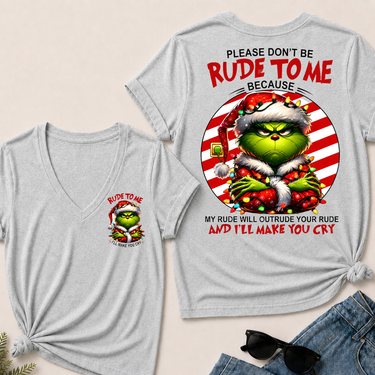 Grinch Christmas V‑Neck T‑Shirt, Please Don’t Be Rude To Me Funny Holiday Graphic Tee, Christmas Grinch Short Sleeve Top For Women