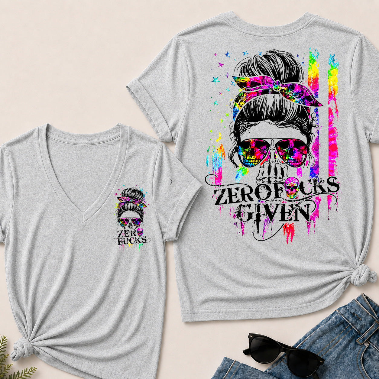 Women’s Zero Given V‑Neck Graphic T‑Shirt, Messy Bun Skull Tie Dye Rainbow Print Short Sleeve Casual Top, Front & Back Print Tee