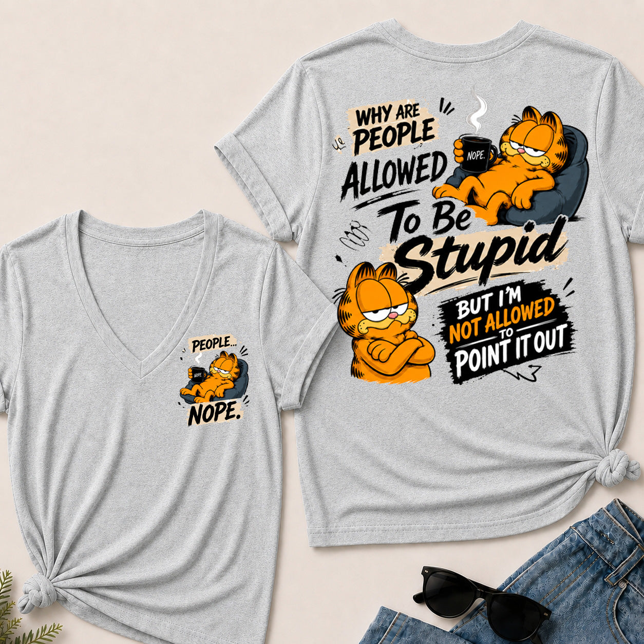 Women’s Funny Garfield V‑Neck Graphic T‑Shirt, Sarcastic Quote Short Sleeve Tee, Front & Back Print Casual Top