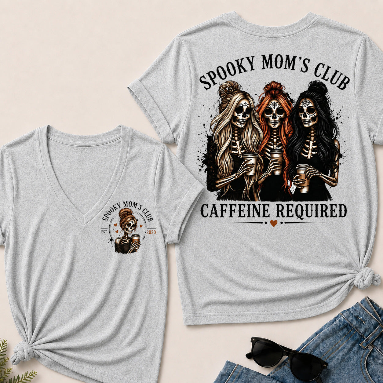 Spooky Mom’s Club V‑Neck Tee, Skeleton Halloween Caffeine Required Women’s Graphic Short Sleeve T‑Shirt