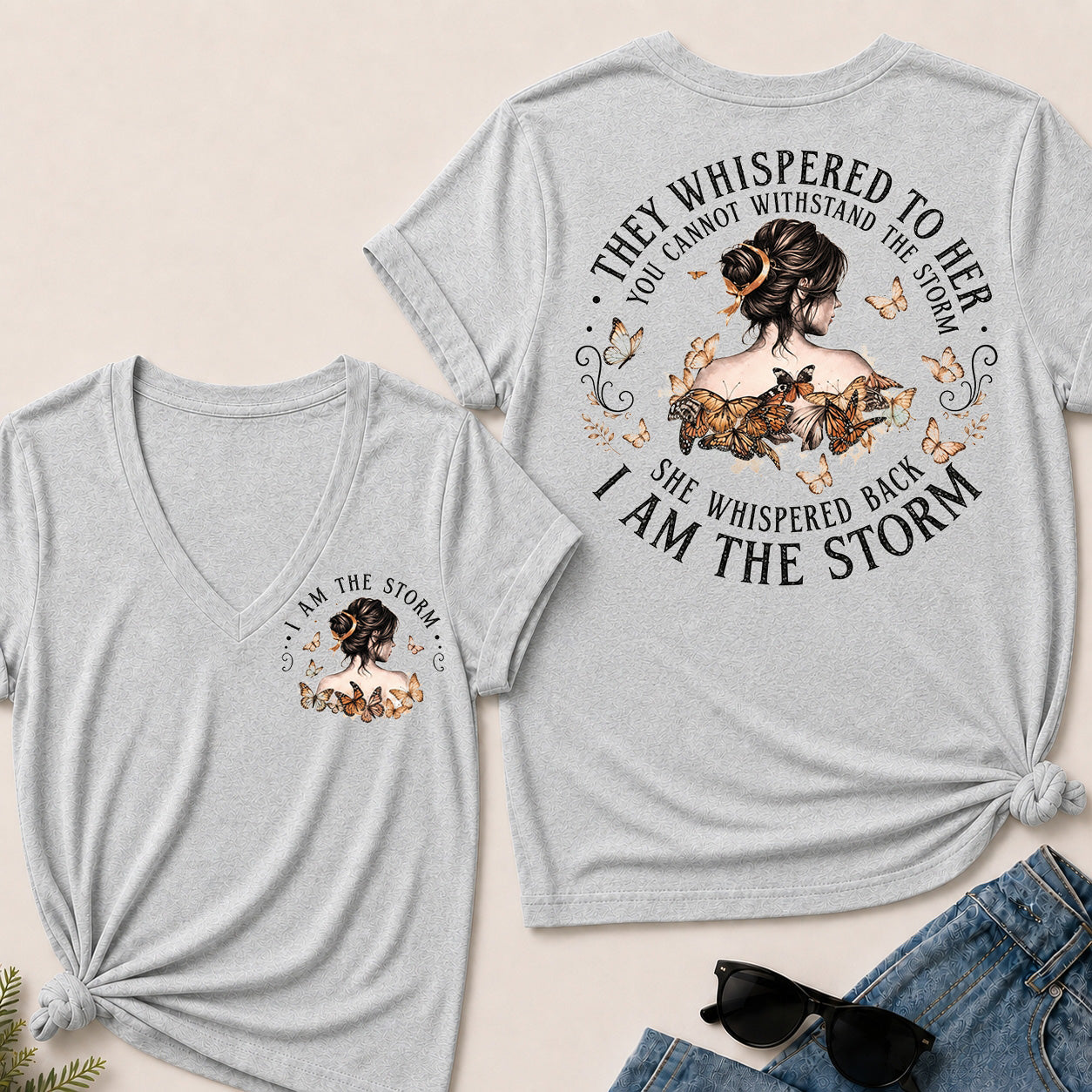 Women’s I Am The Storm V‑Neck Graphic T‑Shirt, Inspirational Butterfly Quote Short Sleeve Tee, Front & Back Print Casual Top