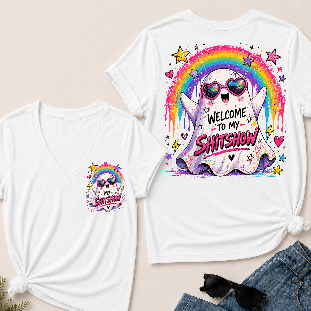 Women’s Welcome To My Show V‑Neck Graphic T‑Shirt, Cute Rainbow Ghost Funny Short Sleeve Tee, Front & Back Print Casual Top