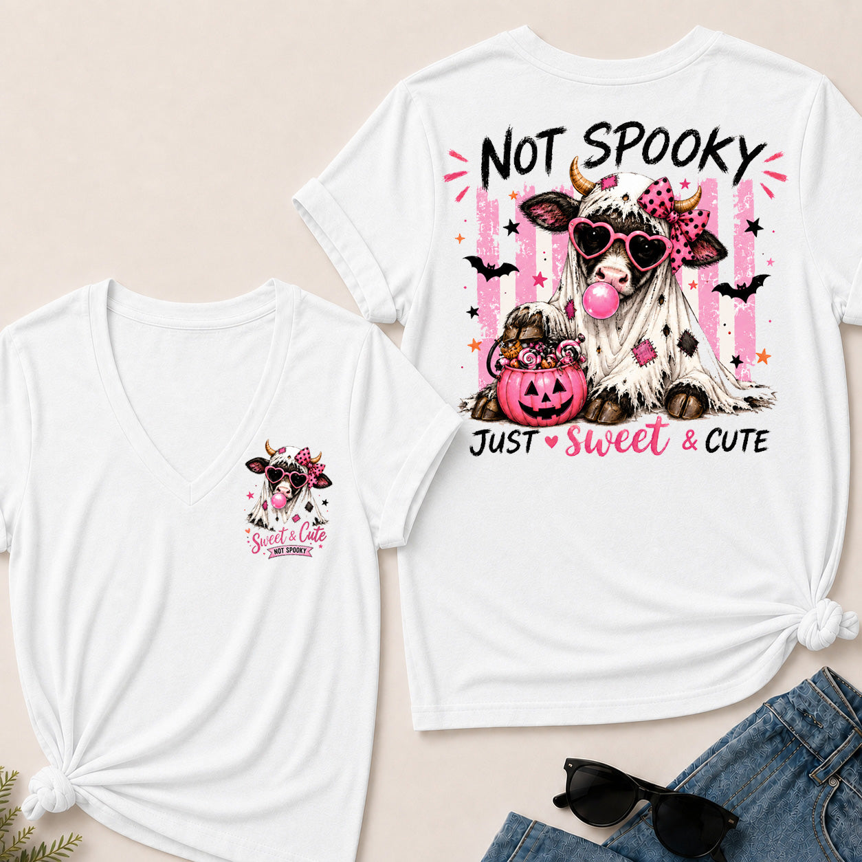 Women’s Not Spooky Just Sweet & Cute V‑Neck Graphic T‑Shirt, Cute Halloween Cow Ghost Short Sleeve Tee, Front & Back Print Casual Top