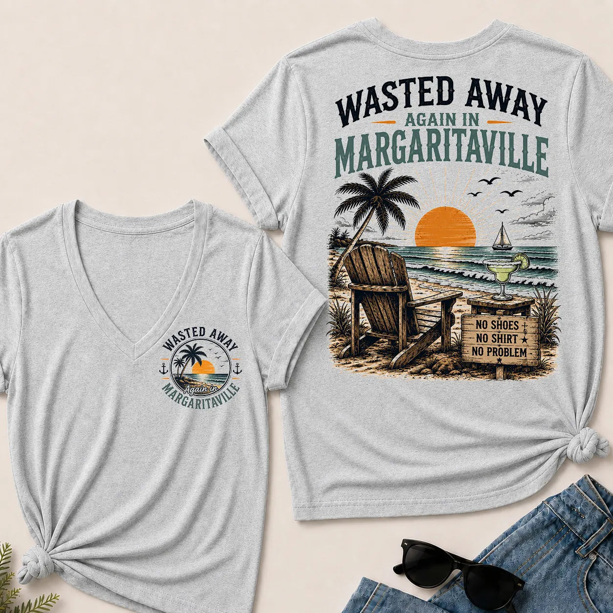 "Wasted Away Again In Margaritaville" Vintage Beach V-Neck T-Shirt | No Shoes, No Shirt, No Problem Tee