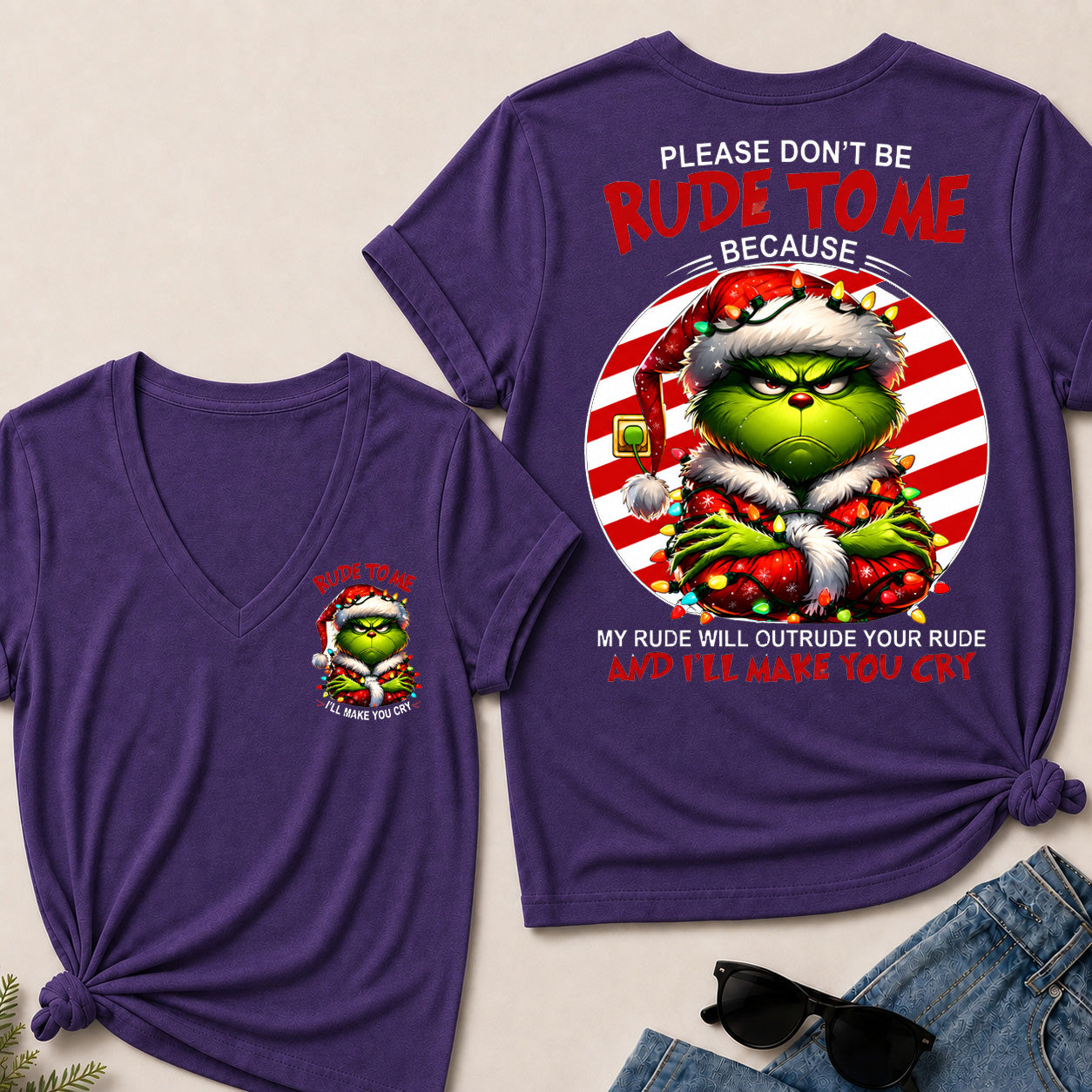 Grinch Christmas V‑Neck T‑Shirt, Please Don’t Be Rude To Me Funny Holiday Graphic Tee, Christmas Grinch Short Sleeve Top For Women