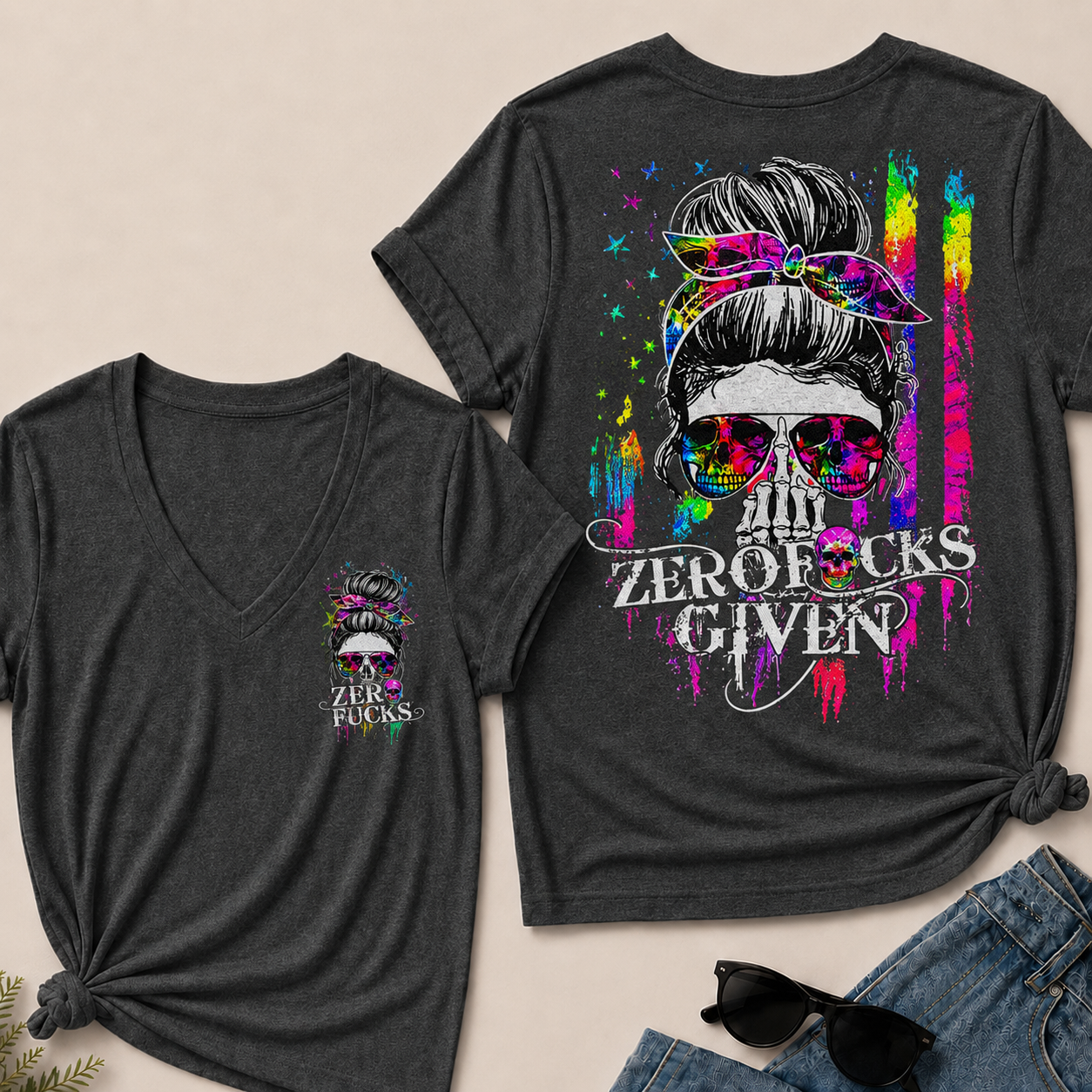 Women’s Zero Given V‑Neck Graphic T‑Shirt, Messy Bun Skull Tie Dye Rainbow Print Short Sleeve Casual Top, Front & Back Print Tee