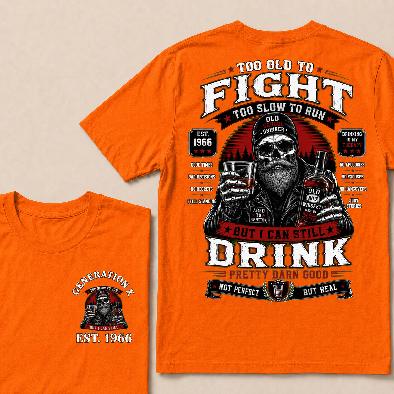 Custom EST.Year Too Old To Fight Too Slow To Run But I Can Still Drink Old School Drinker Graphic T-Shirt