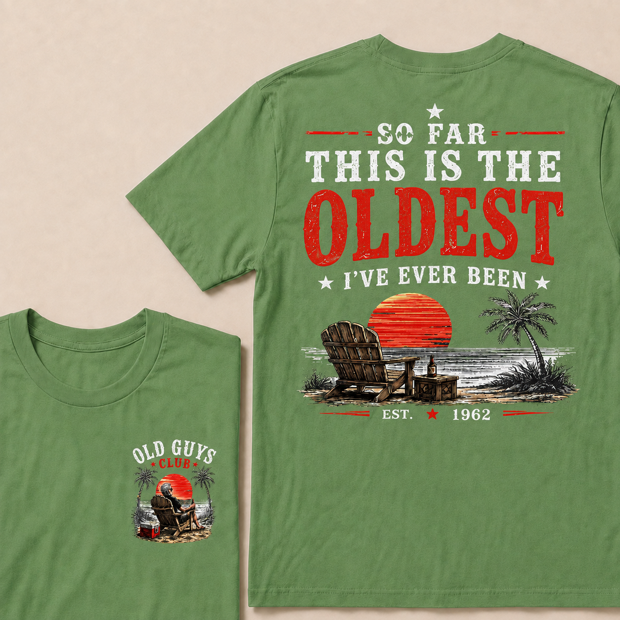 "Old Guys Club" Vintage Beach Birthday Commemorative Graphic T-Shirt
