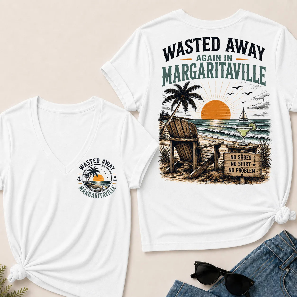"Wasted Away Again In Margaritaville" Vintage Beach V-Neck T-Shirt | No Shoes, No Shirt, No Problem Tee