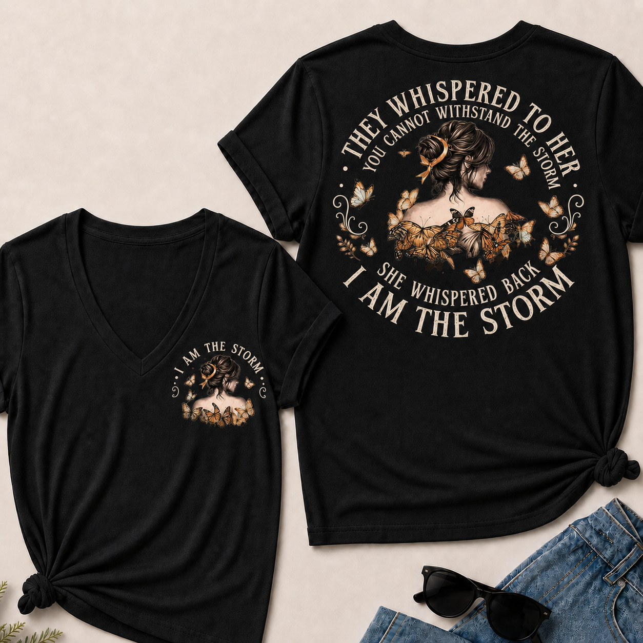 Women’s I Am The Storm V‑Neck Graphic T‑Shirt, Inspirational Butterfly Quote Short Sleeve Tee, Front & Back Print Casual Top