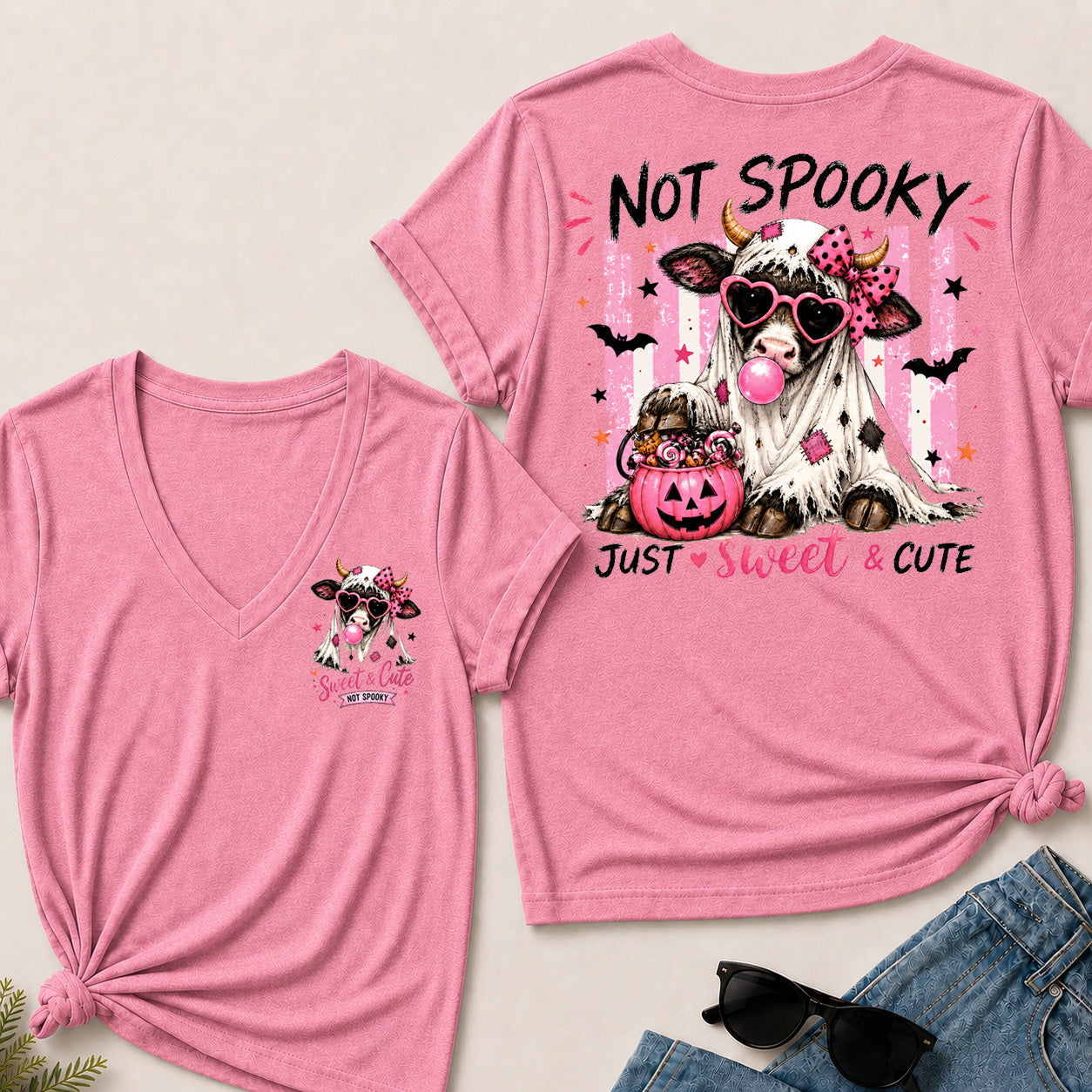 Women’s Not Spooky Just Sweet & Cute V‑Neck Graphic T‑Shirt, Cute Halloween Cow Ghost Short Sleeve Tee, Front & Back Print Casual Top
