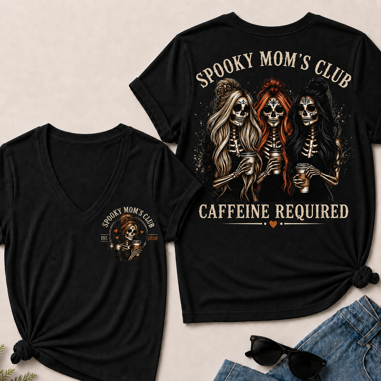 Spooky Mom’s Club V‑Neck Tee, Skeleton Halloween Caffeine Required Women’s Graphic Short Sleeve T‑Shirt