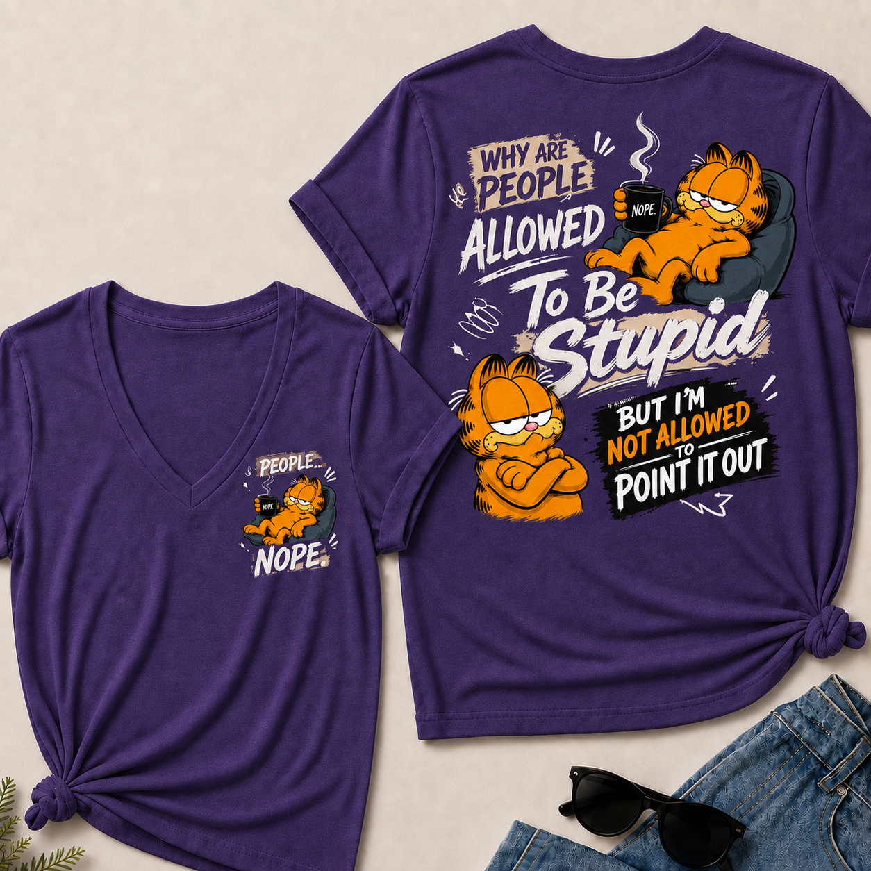 Women’s Funny Garfield V‑Neck Graphic T‑Shirt, Sarcastic Quote Short Sleeve Tee, Front & Back Print Casual Top