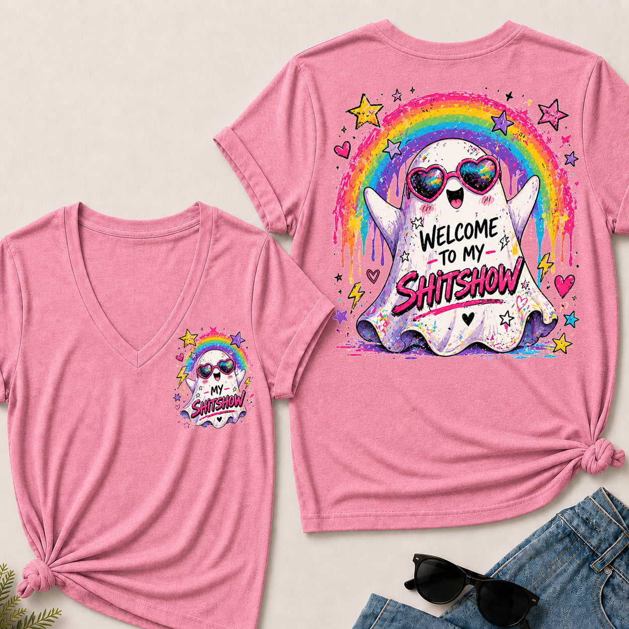 Women’s Welcome To My Show V‑Neck Graphic T‑Shirt, Cute Rainbow Ghost Funny Short Sleeve Tee, Front & Back Print Casual Top