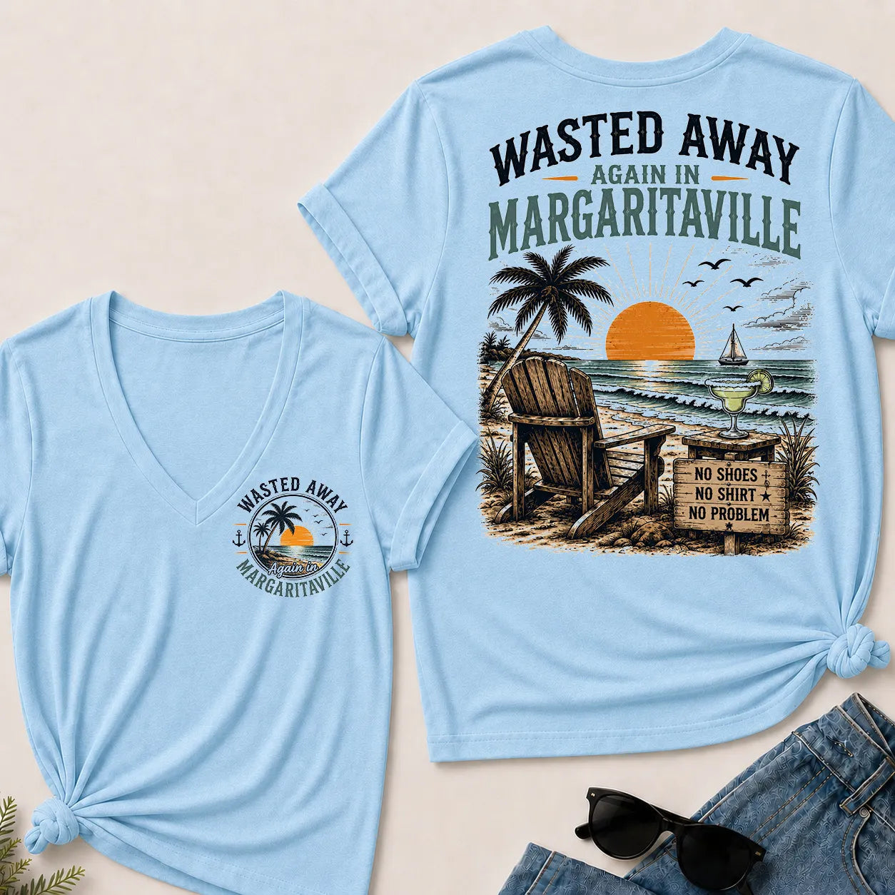"Wasted Away Again In Margaritaville" Vintage Beach V-Neck T-Shirt | No Shoes, No Shirt, No Problem Tee