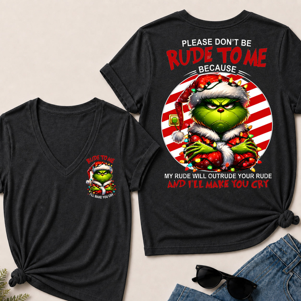 Grinch Christmas V‑Neck T‑Shirt, Please Don’t Be Rude To Me Funny Holiday Graphic Tee, Christmas Grinch Short Sleeve Top For Women