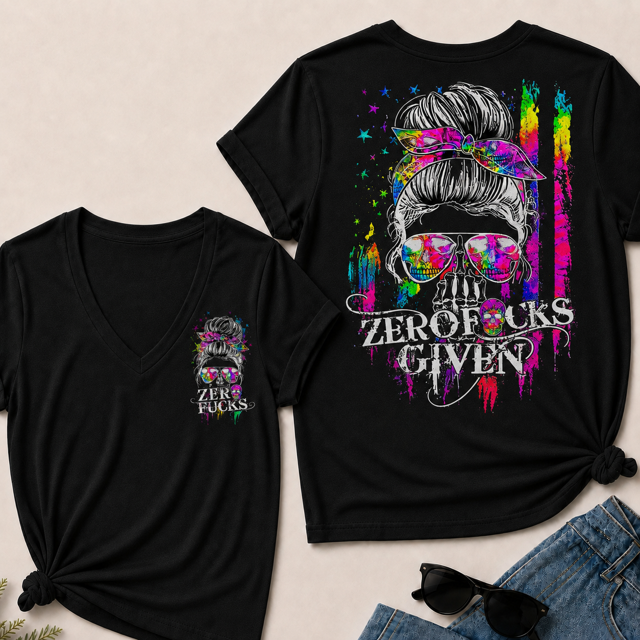 Women’s Zero Given V‑Neck Graphic T‑Shirt, Messy Bun Skull Tie Dye Rainbow Print Short Sleeve Casual Top, Front & Back Print Tee