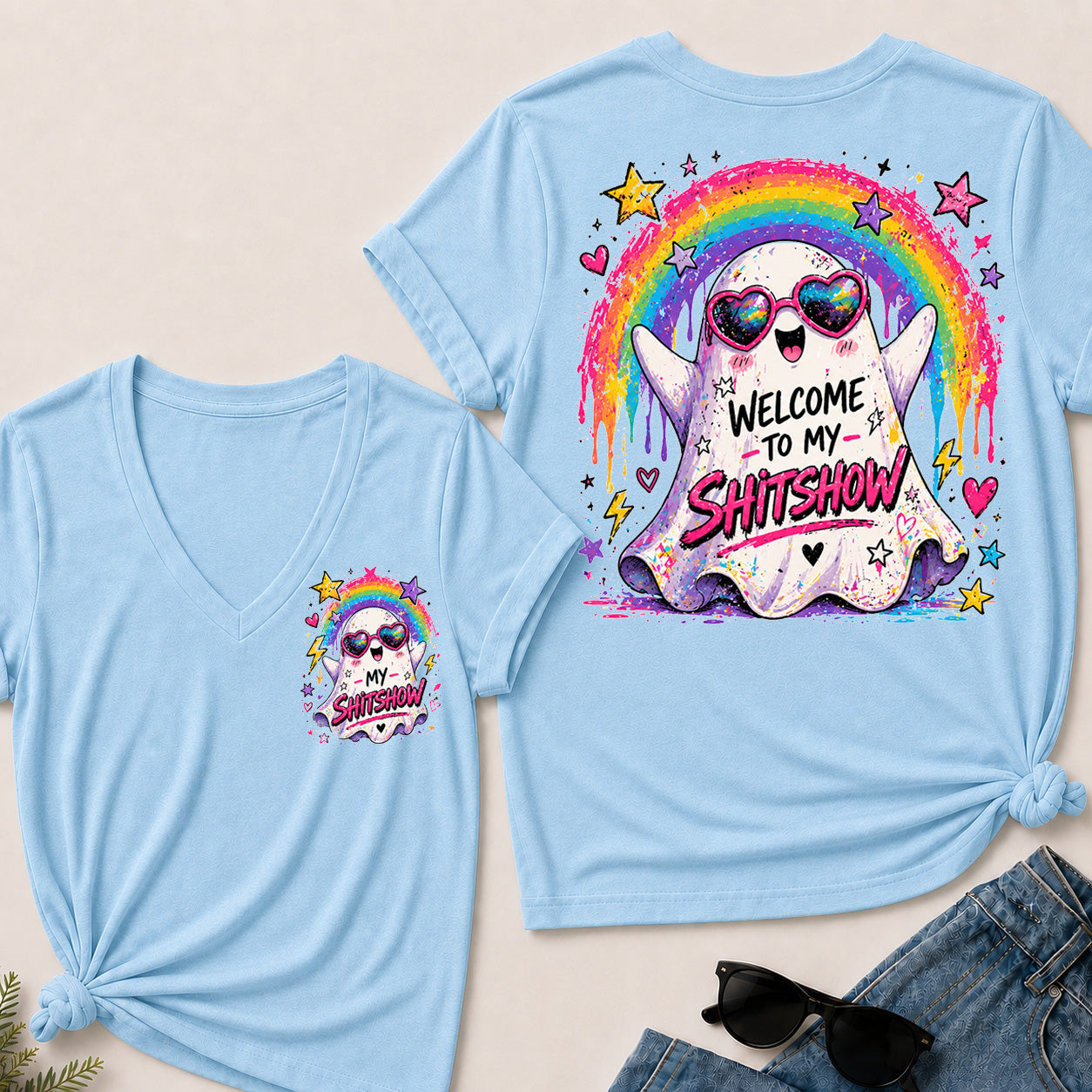 Women’s Welcome To My Show V‑Neck Graphic T‑Shirt, Cute Rainbow Ghost Funny Short Sleeve Tee, Front & Back Print Casual Top