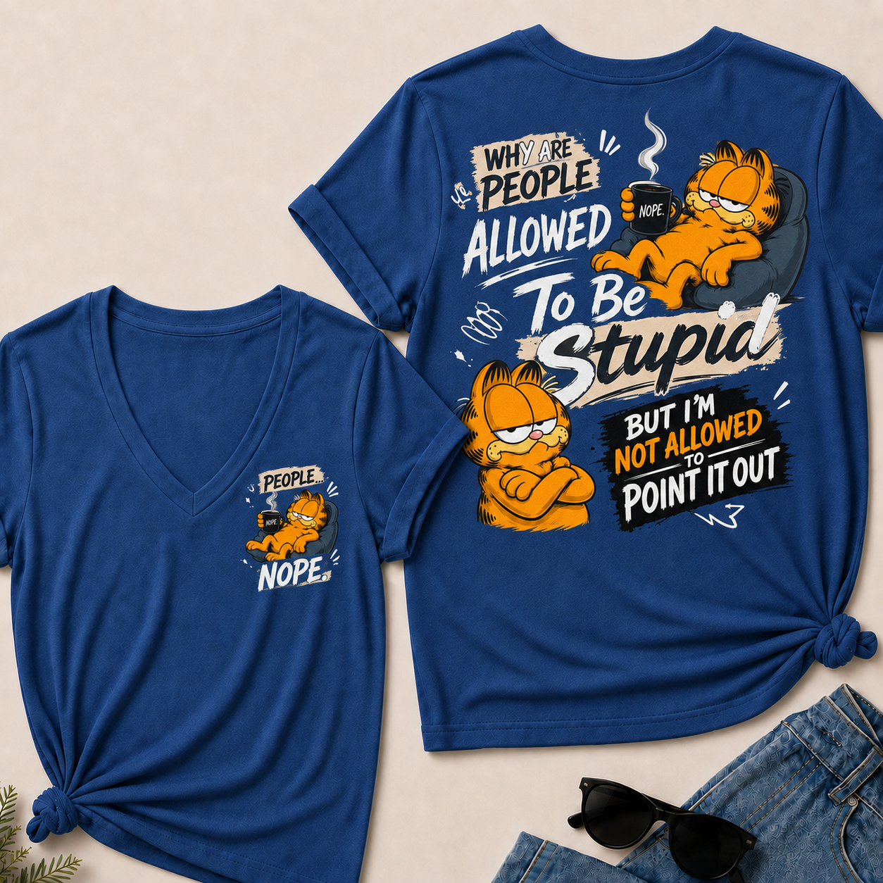 Women’s Funny Garfield V‑Neck Graphic T‑Shirt, Sarcastic Quote Short Sleeve Tee, Front & Back Print Casual Top