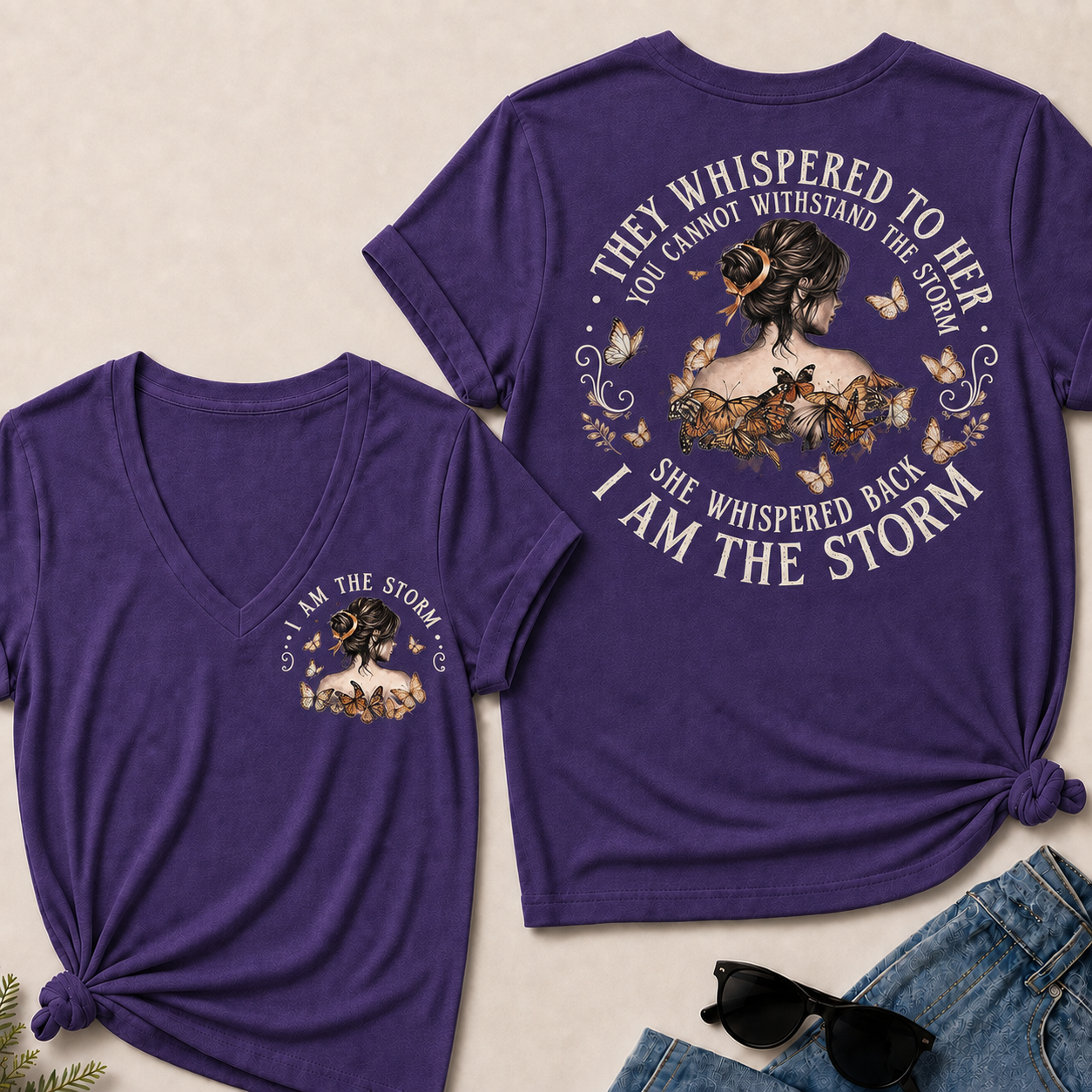 Women’s I Am The Storm V‑Neck Graphic T‑Shirt, Inspirational Butterfly Quote Short Sleeve Tee, Front & Back Print Casual Top