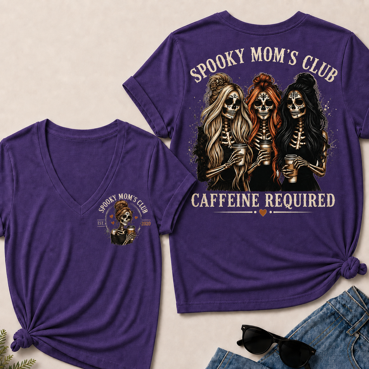 Spooky Mom’s Club V‑Neck Tee, Skeleton Halloween Caffeine Required Women’s Graphic Short Sleeve T‑Shirt