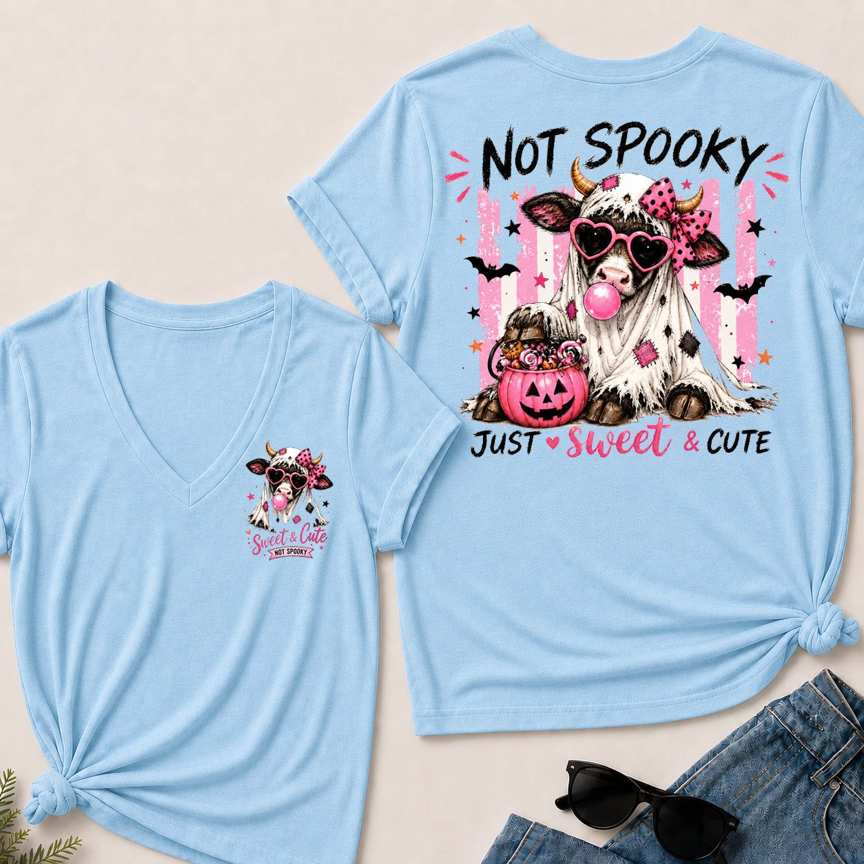 Women’s Not Spooky Just Sweet & Cute V‑Neck Graphic T‑Shirt, Cute Halloween Cow Ghost Short Sleeve Tee, Front & Back Print Casual Top