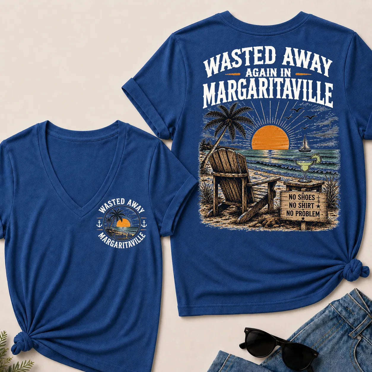 "Wasted Away Again In Margaritaville" Vintage Beach V-Neck T-Shirt | No Shoes, No Shirt, No Problem Tee