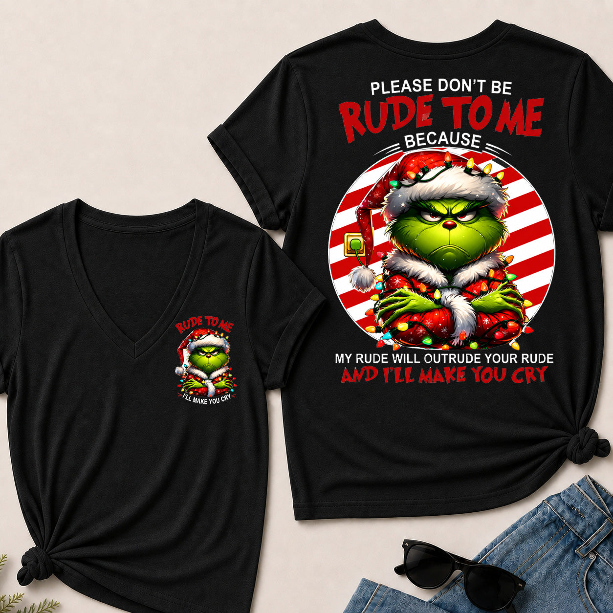Grinch Christmas V‑Neck T‑Shirt, Please Don’t Be Rude To Me Funny Holiday Graphic Tee, Christmas Grinch Short Sleeve Top For Women
