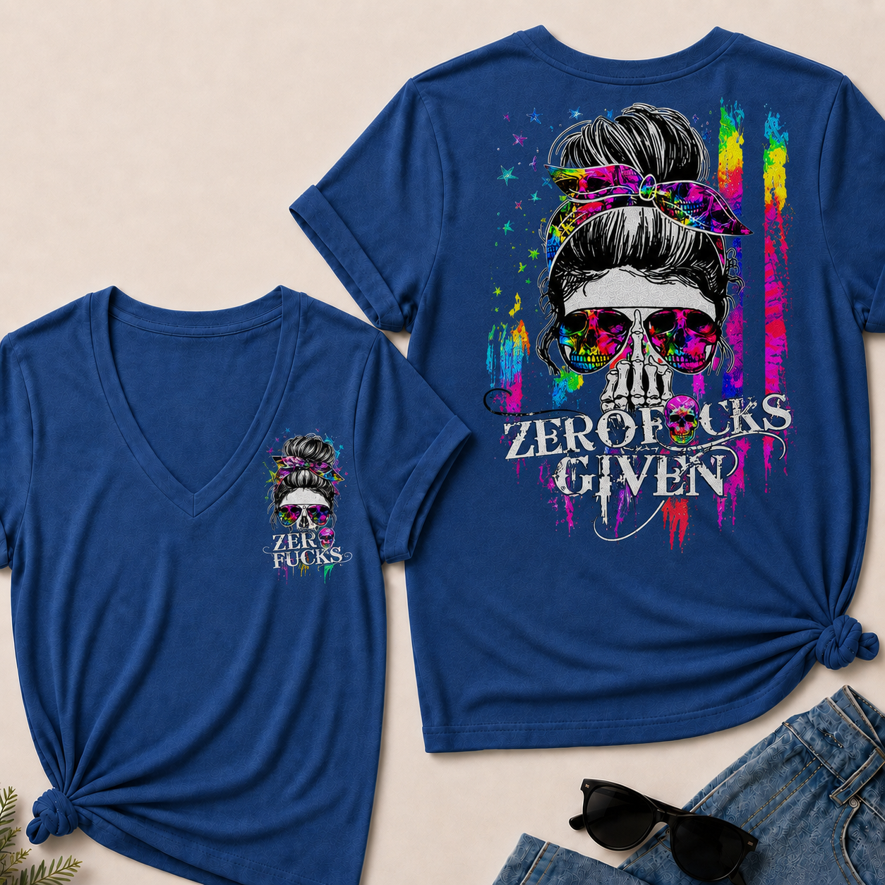 Women’s Zero Given V‑Neck Graphic T‑Shirt, Messy Bun Skull Tie Dye Rainbow Print Short Sleeve Casual Top, Front & Back Print Tee