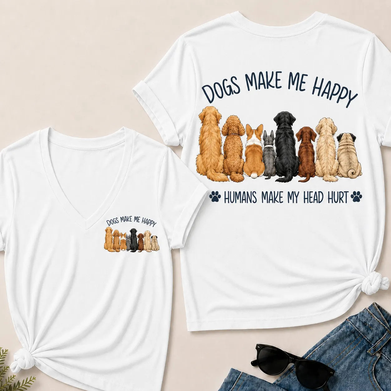 "Dogs Make Me Happy – Humans Make My Head Hurt" V-Neck Tee
