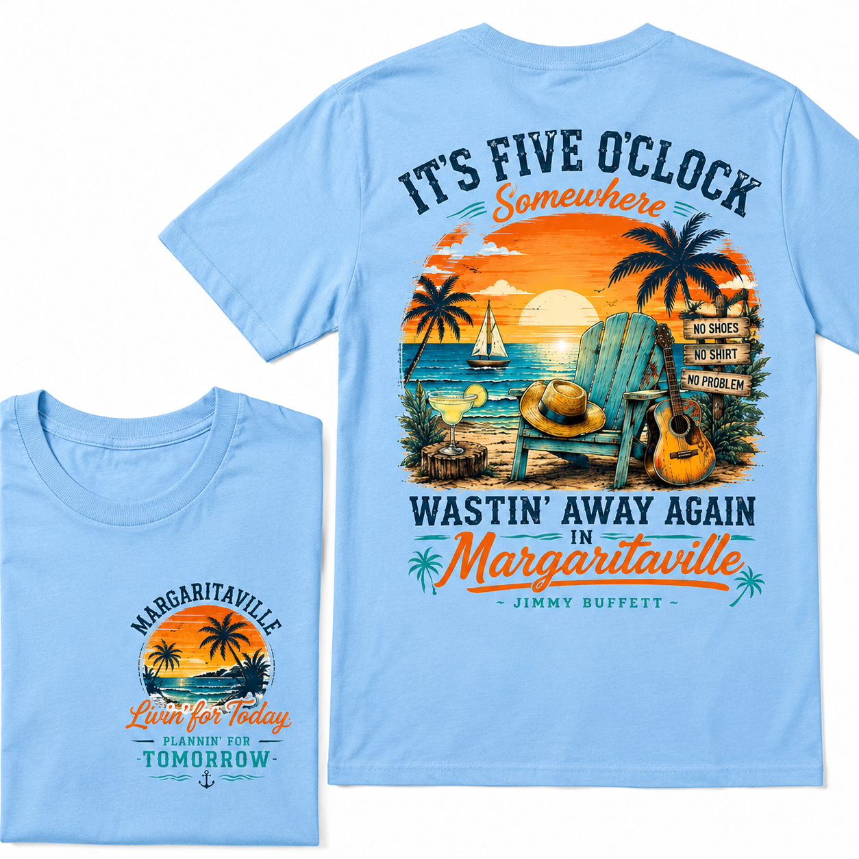 It's Five O'Clock Somewhere Wastin' Away Again In Margaritaville Parrot Guitar Sunset Beach No Shoes No Shirt No Problem Graphic T-Shirt