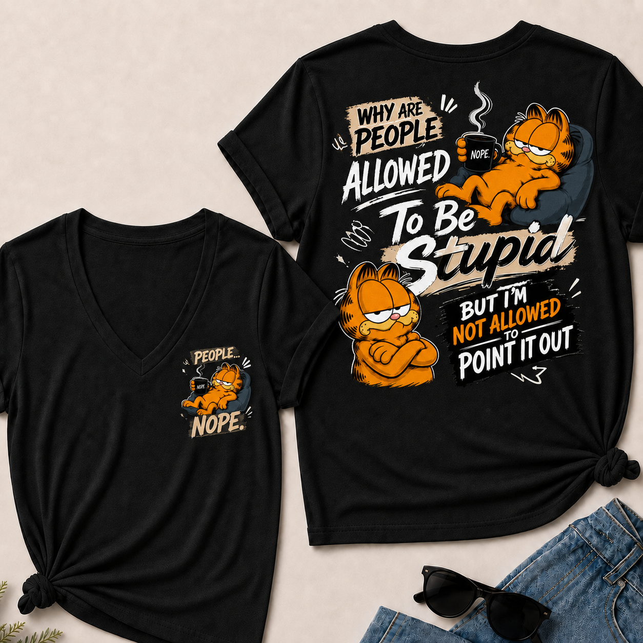 Women’s Funny Garfield V‑Neck Graphic T‑Shirt, Sarcastic Quote Short Sleeve Tee, Front & Back Print Casual Top