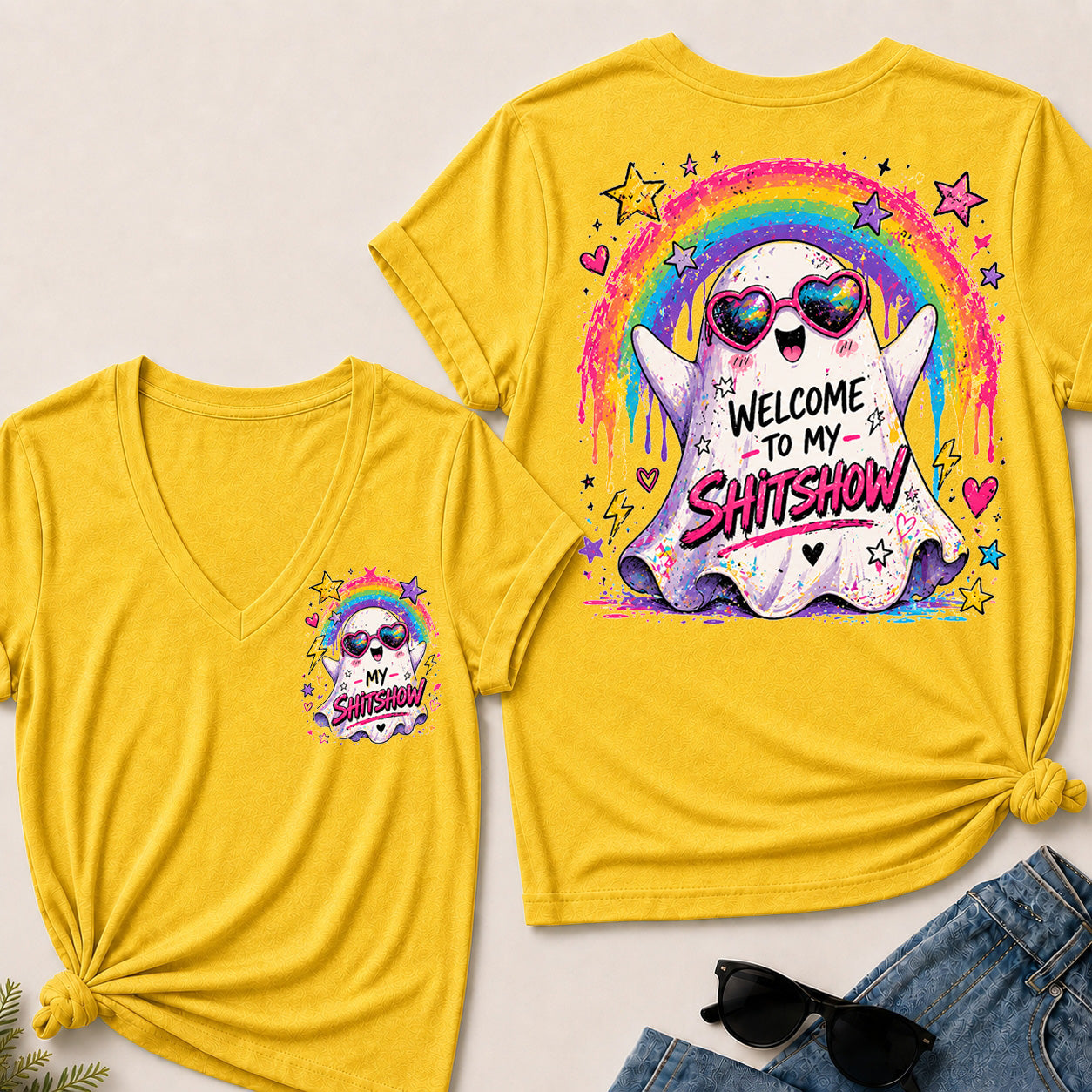 Women’s Welcome To My Show V‑Neck Graphic T‑Shirt, Cute Rainbow Ghost Funny Short Sleeve Tee, Front & Back Print Casual Top