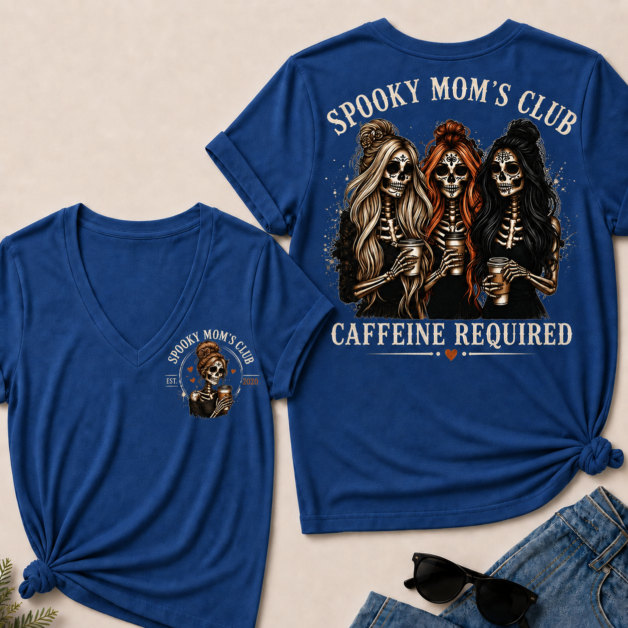 Spooky Mom’s Club V‑Neck Tee, Skeleton Halloween Caffeine Required Women’s Graphic Short Sleeve T‑Shirt
