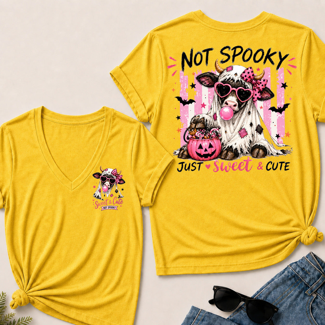 Women’s Not Spooky Just Sweet & Cute V‑Neck Graphic T‑Shirt, Cute Halloween Cow Ghost Short Sleeve Tee, Front & Back Print Casual Top