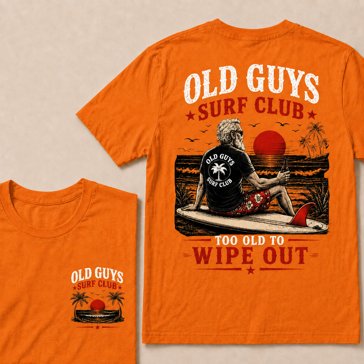 Old Guys Surf Club Too Old To Wipe Out Surfing Grandpa Palm Tree Sunset Graphic T-Shirt