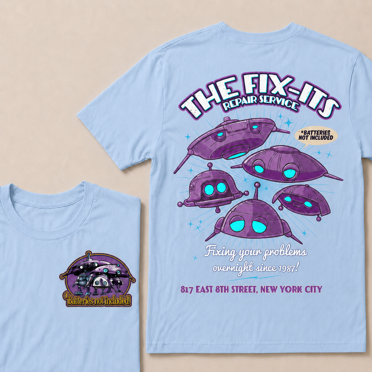 Batteries Not Included 1987 Inspired T-Shirt, The Fix-It Repair Service Retro Sci-Fi Graphic Tee, Vintage Alien Robot Movie Shirt, Unisex Gift