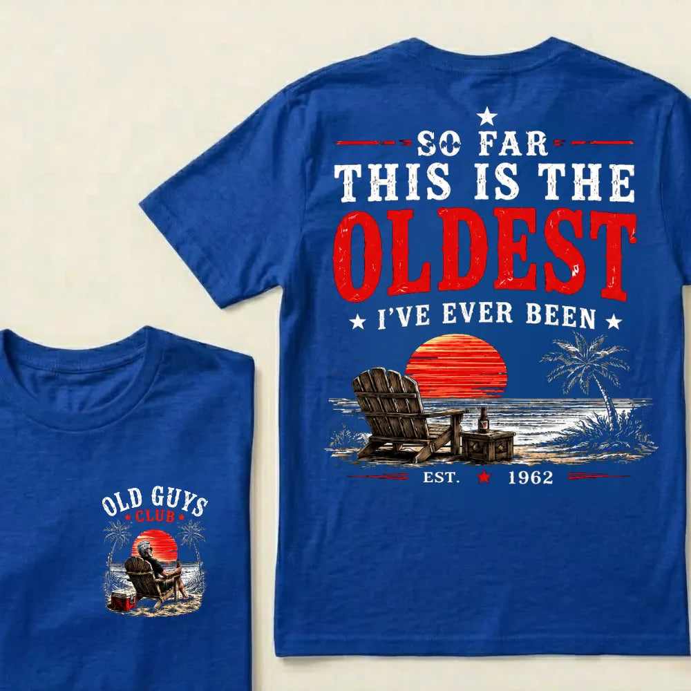 "Old Guys Club" Vintage Beach Birthday Commemorative Graphic T-Shirt