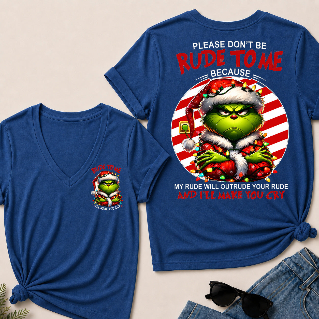 Grinch Christmas V‑Neck T‑Shirt, Please Don’t Be Rude To Me Funny Holiday Graphic Tee, Christmas Grinch Short Sleeve Top For Women