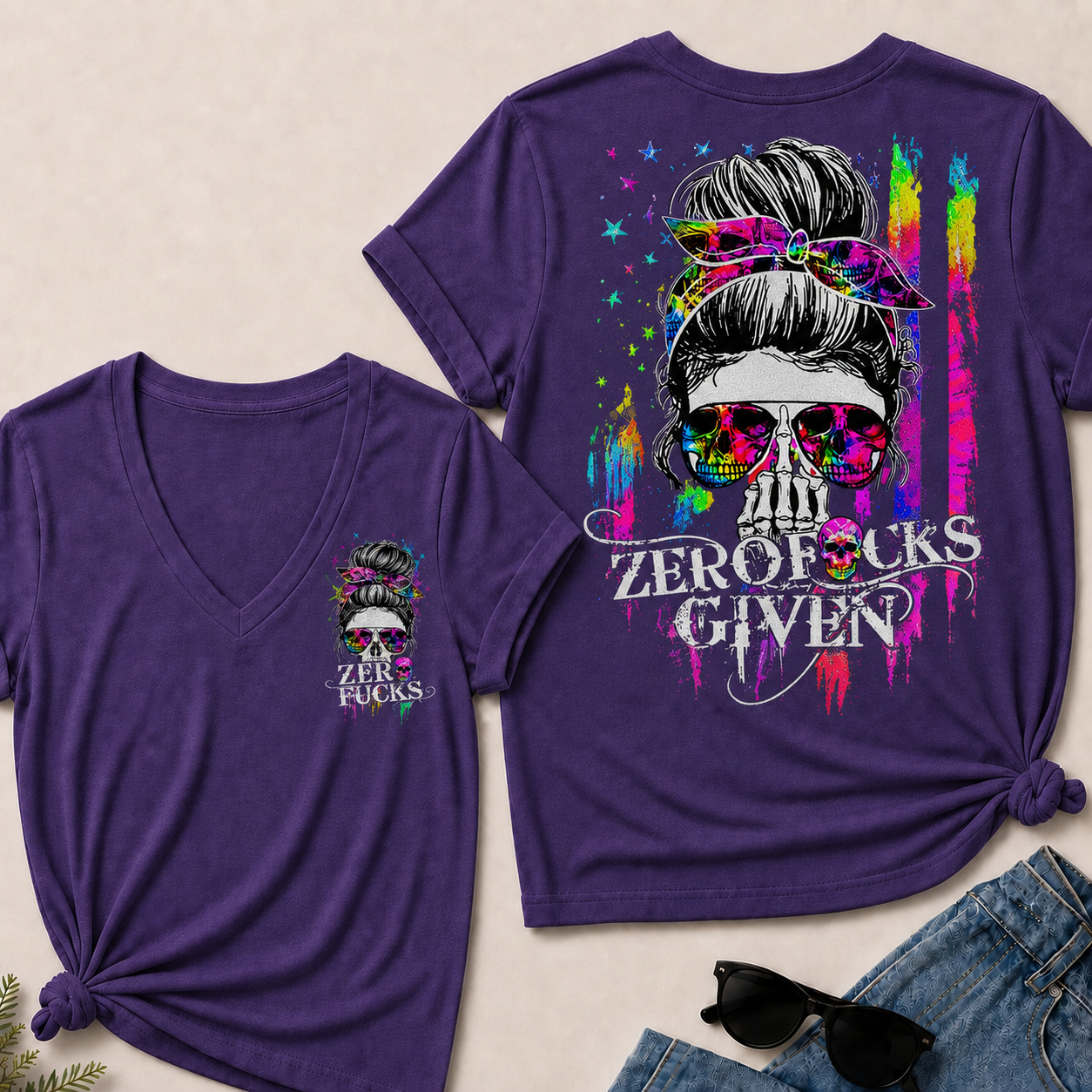 Women’s Zero Given V‑Neck Graphic T‑Shirt, Messy Bun Skull Tie Dye Rainbow Print Short Sleeve Casual Top, Front & Back Print Tee