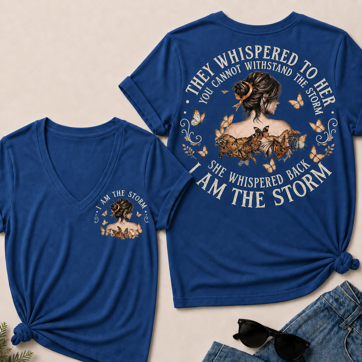 Women’s I Am The Storm V‑Neck Graphic T‑Shirt, Inspirational Butterfly Quote Short Sleeve Tee, Front & Back Print Casual Top