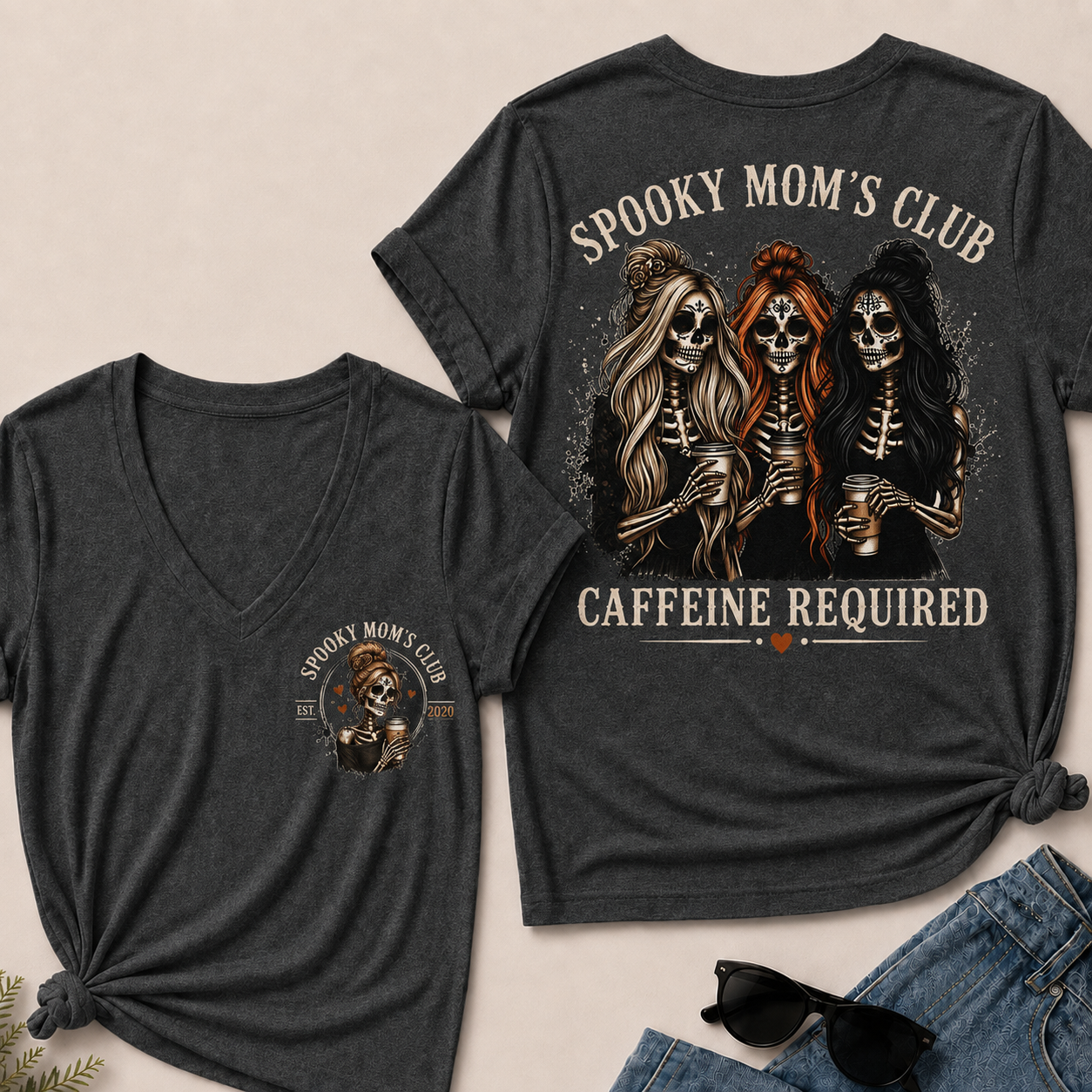 Spooky Mom’s Club V‑Neck Tee, Skeleton Halloween Caffeine Required Women’s Graphic Short Sleeve T‑Shirt