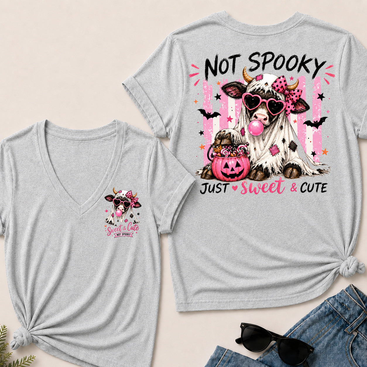 Women’s Not Spooky Just Sweet & Cute V‑Neck Graphic T‑Shirt, Cute Halloween Cow Ghost Short Sleeve Tee, Front & Back Print Casual Top